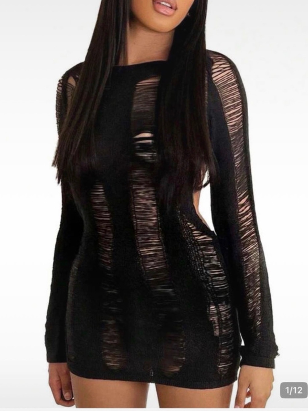 Black Sheer Distressed Long Sleeve Mini Dress